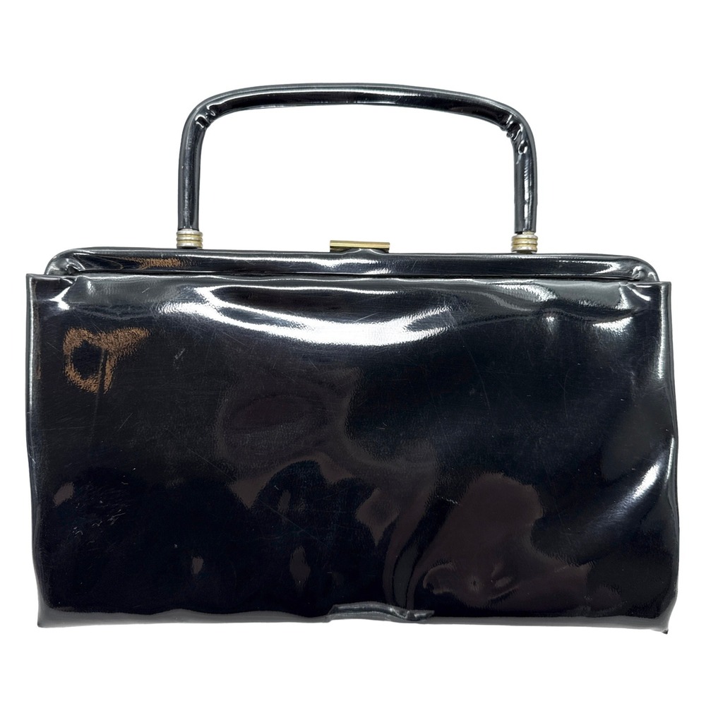 Vintage Garay Black Patent Leather Top Handle Handbag Gold‎ Hardware Retro MCM
